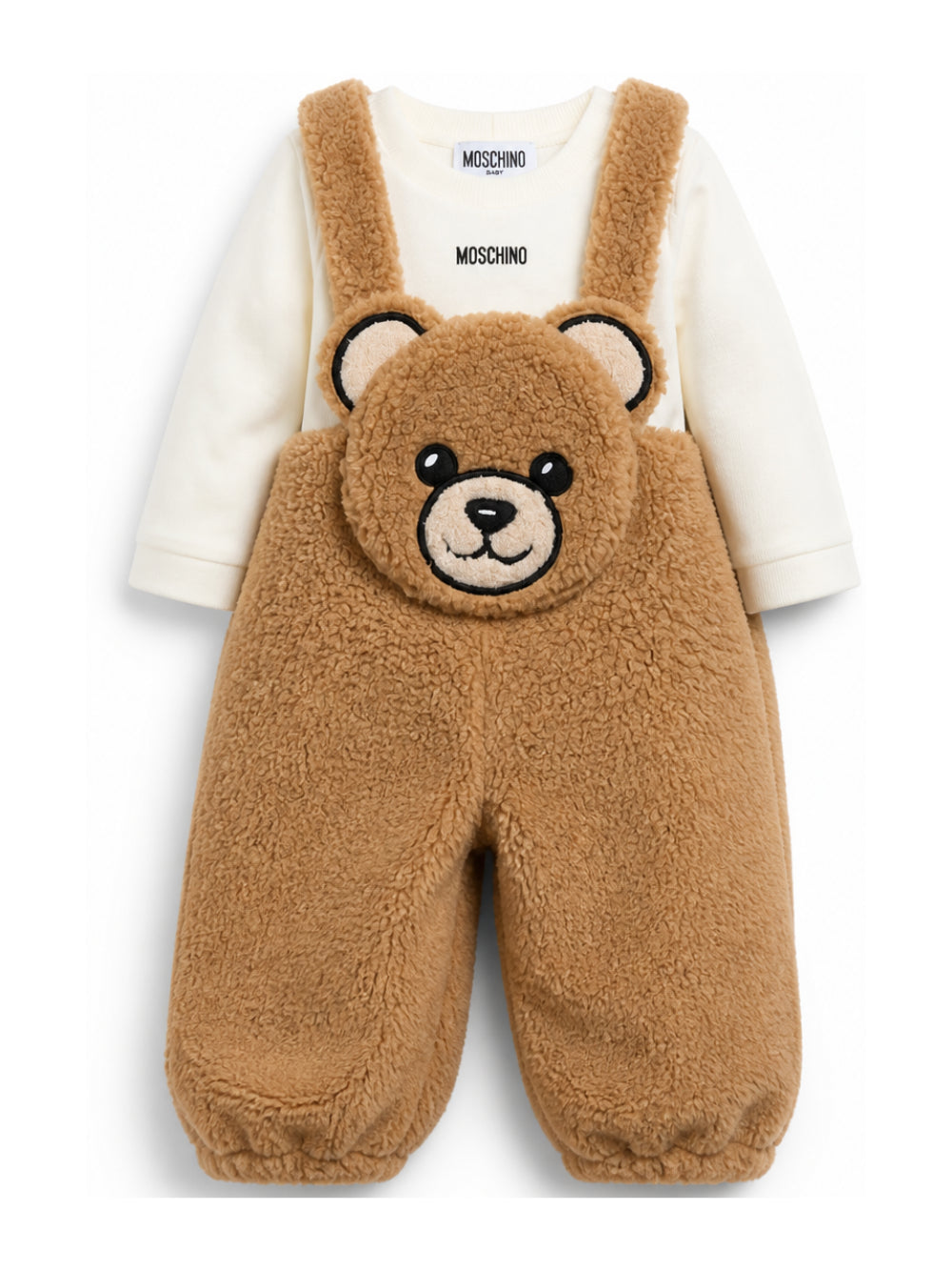 Set t-shirt e salopette per neonato Moschino Kids beige con applicazione Teddy Bear MUK05WLIA00 20351 MOSCHINO KIDS
