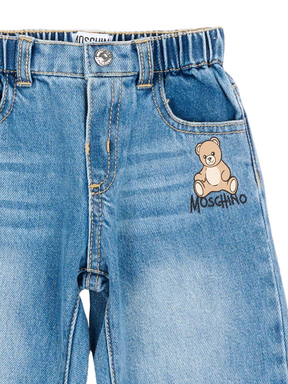 Jeans per neonato Moschino Kids blu con motivo orsetto sul davanti MUP05ZL0E36 41040 MOSCHINO KIDS