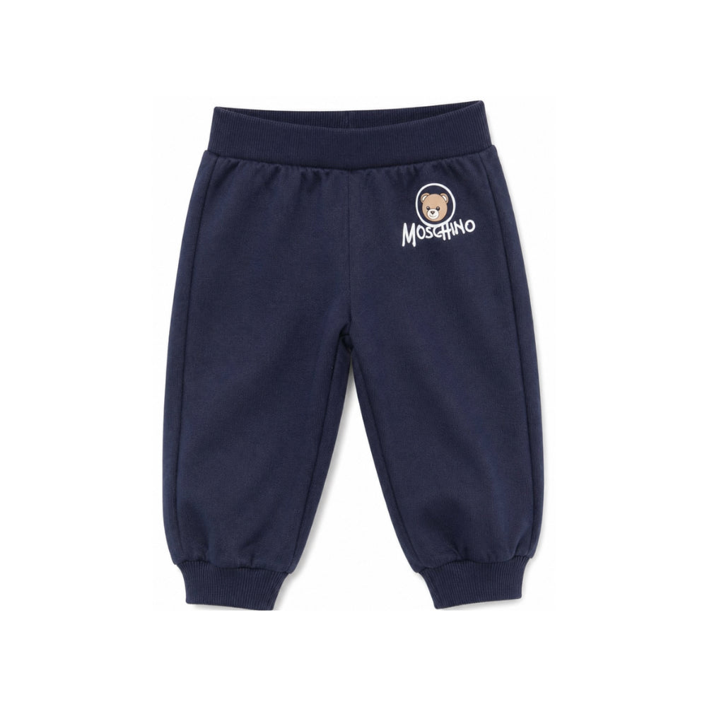 Pantaloni per neonati Moschino Kids blu con stampa Teddy Bear MUP062LCA83 40016 MOSCHINO KIDS