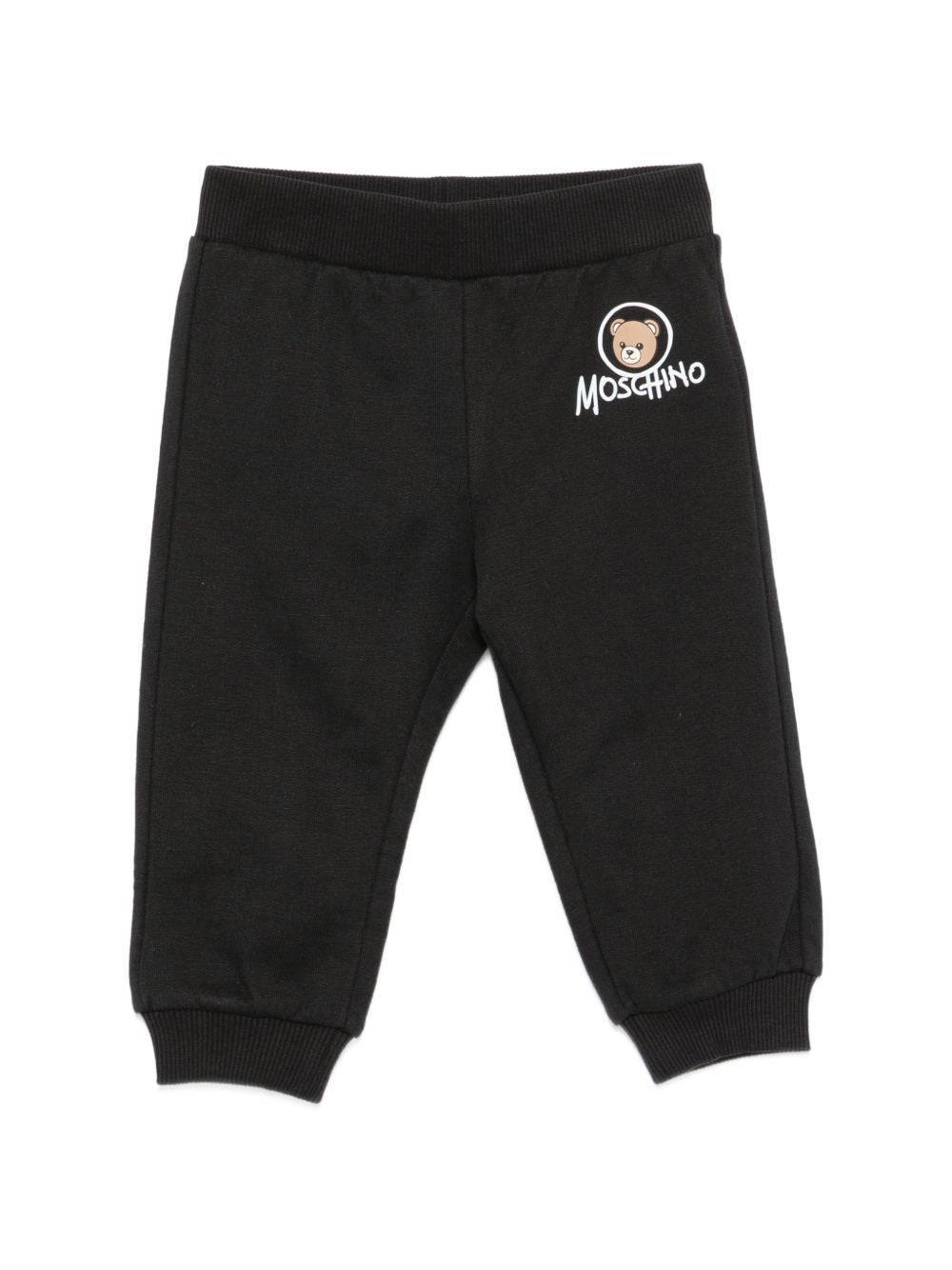 Pantaloni per neonati Moschino Kids neri con stampa Teddy Bear MUP062LCA83 60100 MOSCHINO KIDS