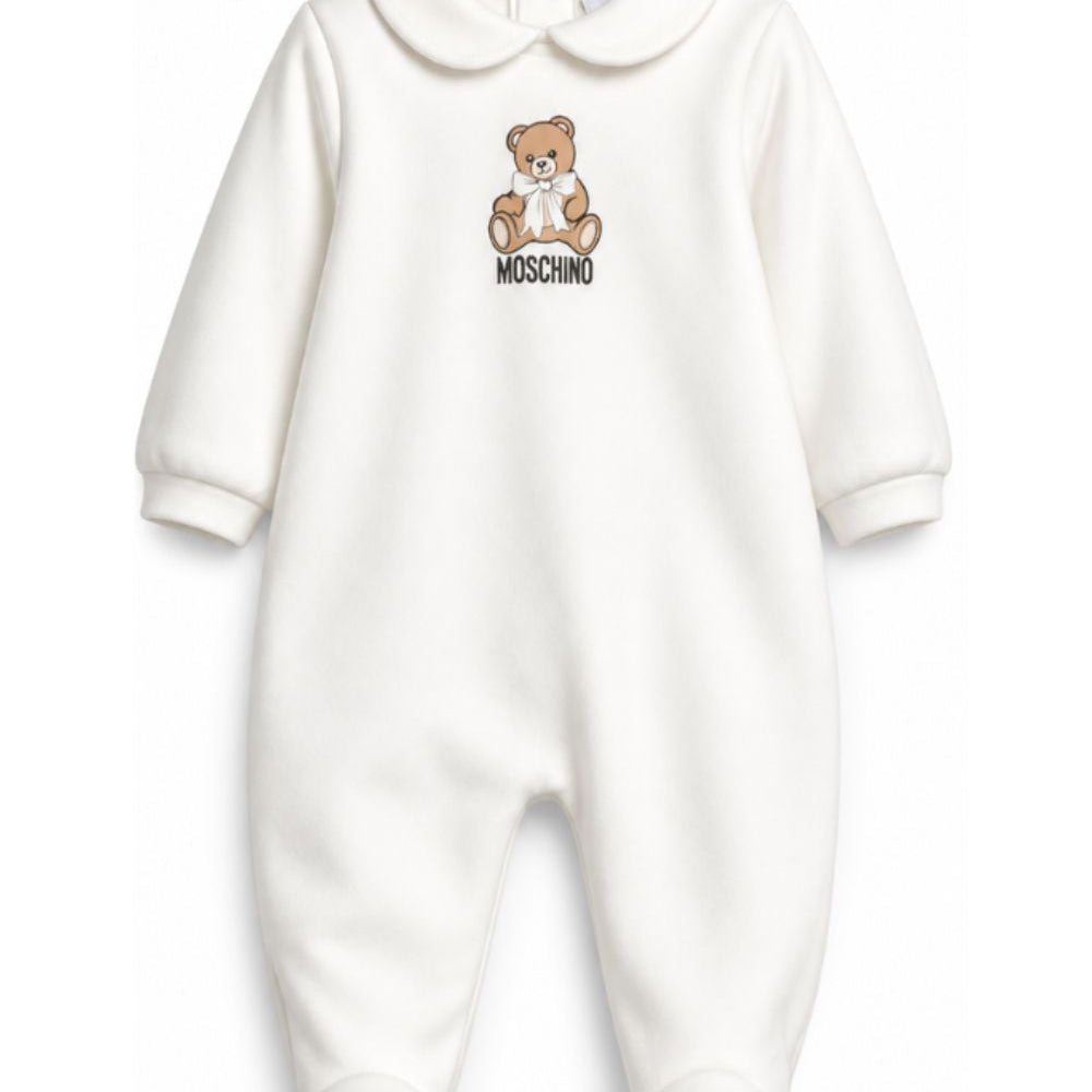 Tutina per neonati Moschino Kids bianca con colletto alla Peter Pan MUT04ZLCA40 10063 MOSCHINO KIDS