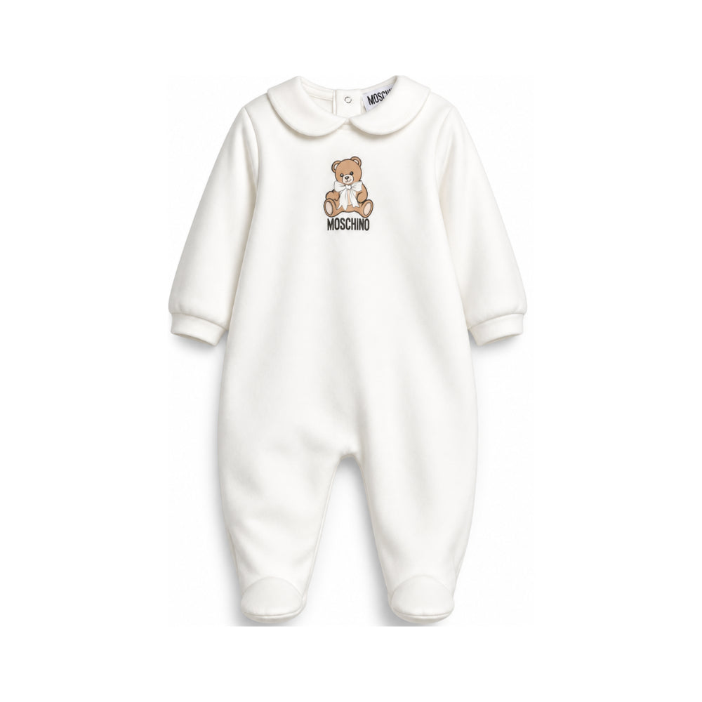 Tutina per neonati Moschino Kids bianca con colletto alla Peter Pan MUT04ZLCA40 10063 MOSCHINO KIDS