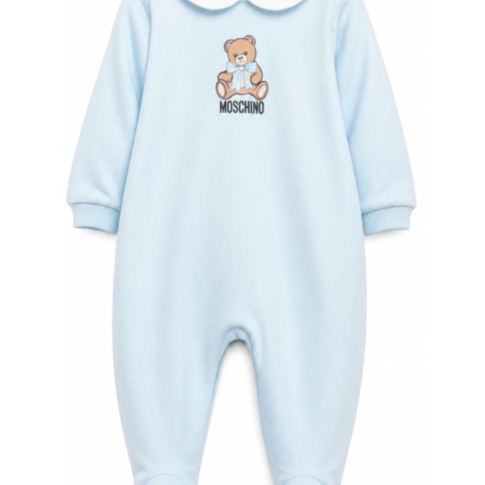 Tutina per neonato Moschino Kids azzurra con colletto alla Peter Pan MUT04ZLCA40 40304 MOSCHINO KIDS