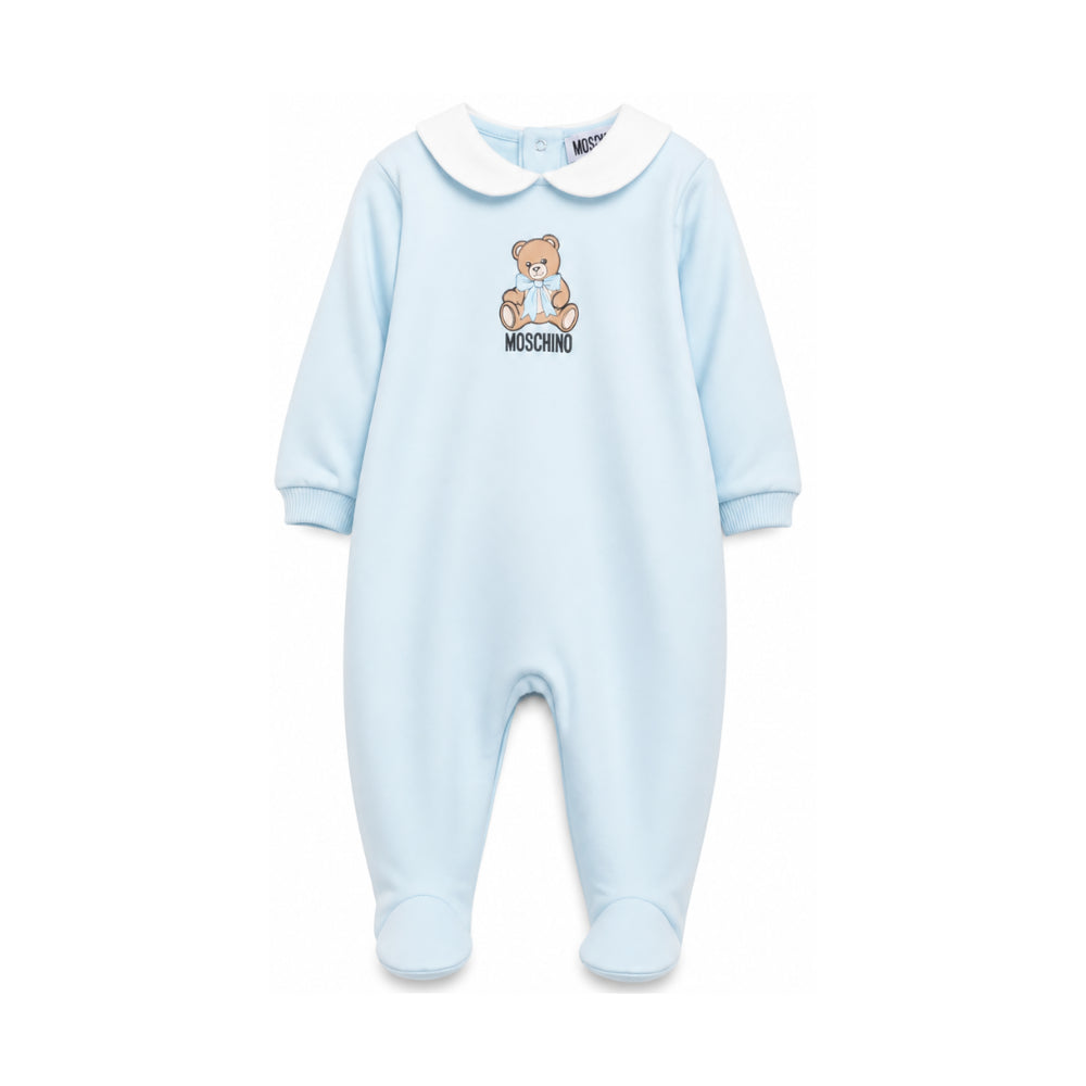 Tutina per neonato Moschino Kids azzurra con colletto alla Peter Pan MUT04ZLCA40 40304 MOSCHINO KIDS