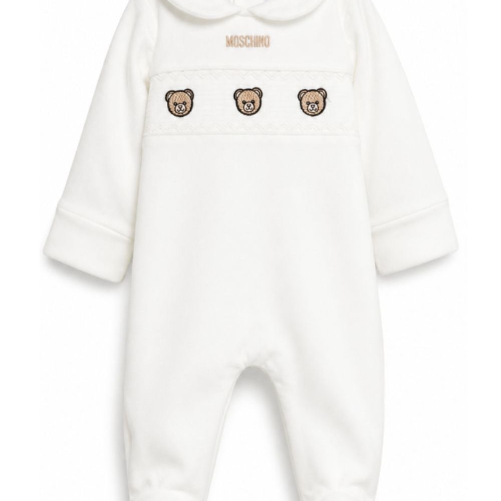 Tutina per neonati Moschino Kids bianco con logo ricamato sul davanti MUT050LDA66 10063 MOSCHINO KIDS
