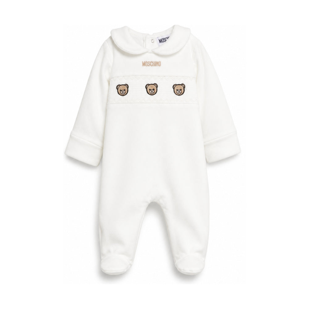 Tutina per neonati Moschino Kids bianco con logo ricamato sul davanti MUT050LDA66 10063 MOSCHINO KIDS