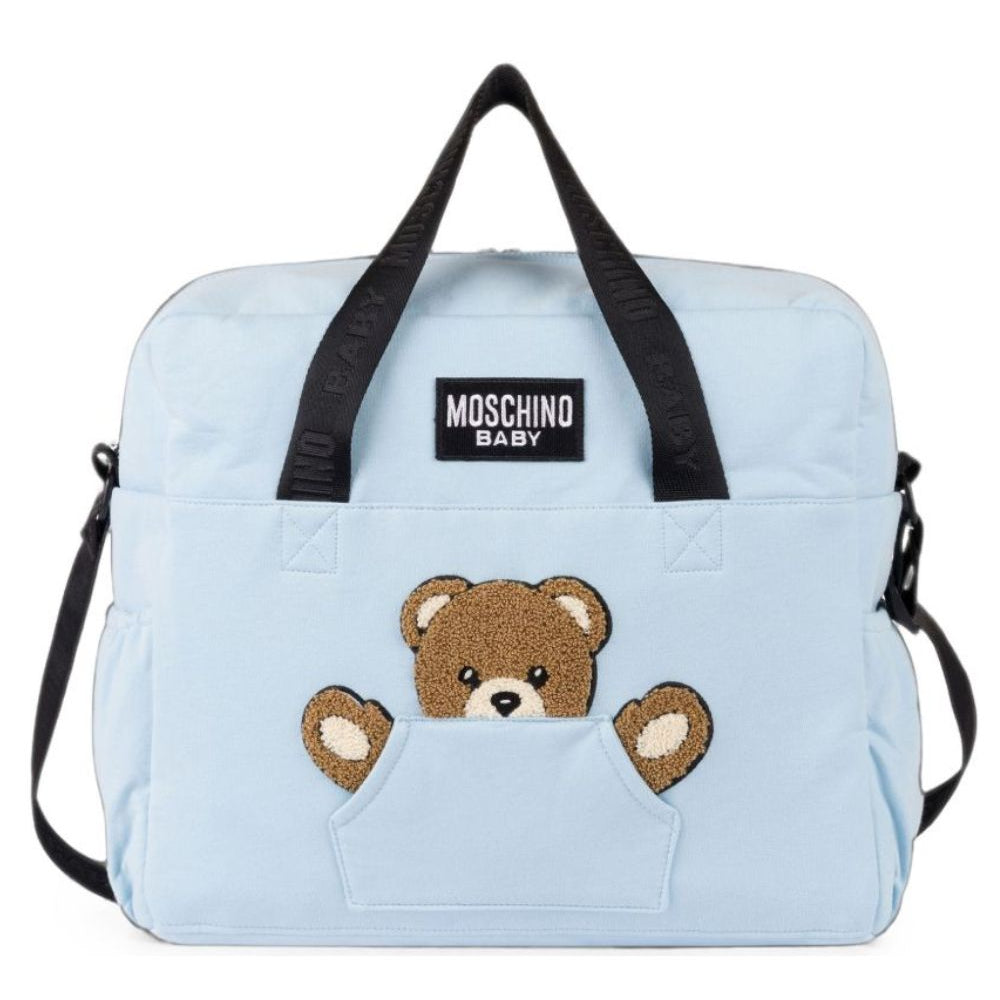 Borsa fasciatoio per neonato Moschino Kids azzurra con toppa sul davanti MUX062LCA93 40304 MOSCHINO KIDS