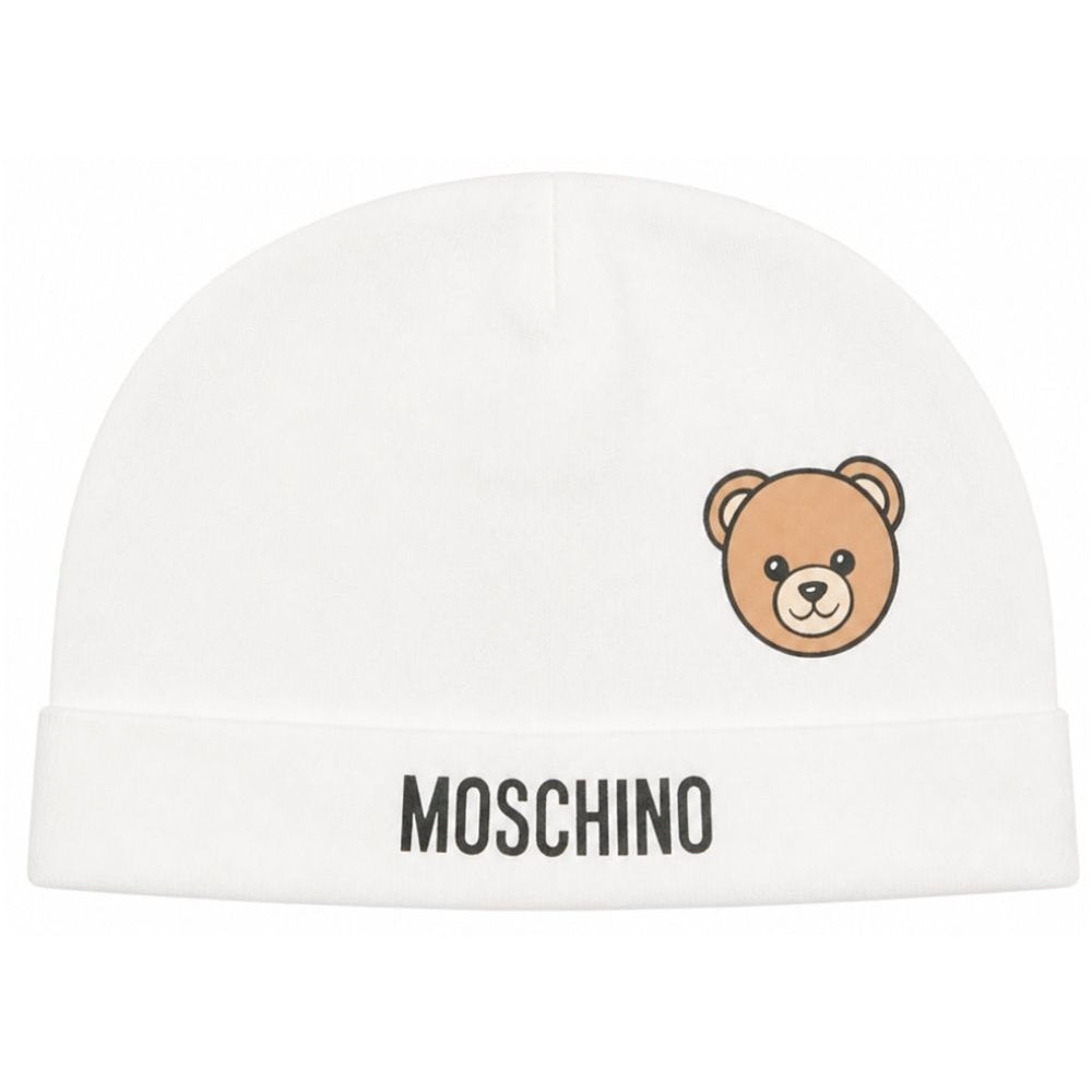 Berretto per neonati Moschino Kids bianco con dettaglio Teddy Bear MUX066LCA40 10063 MOSCHINO KIDS
