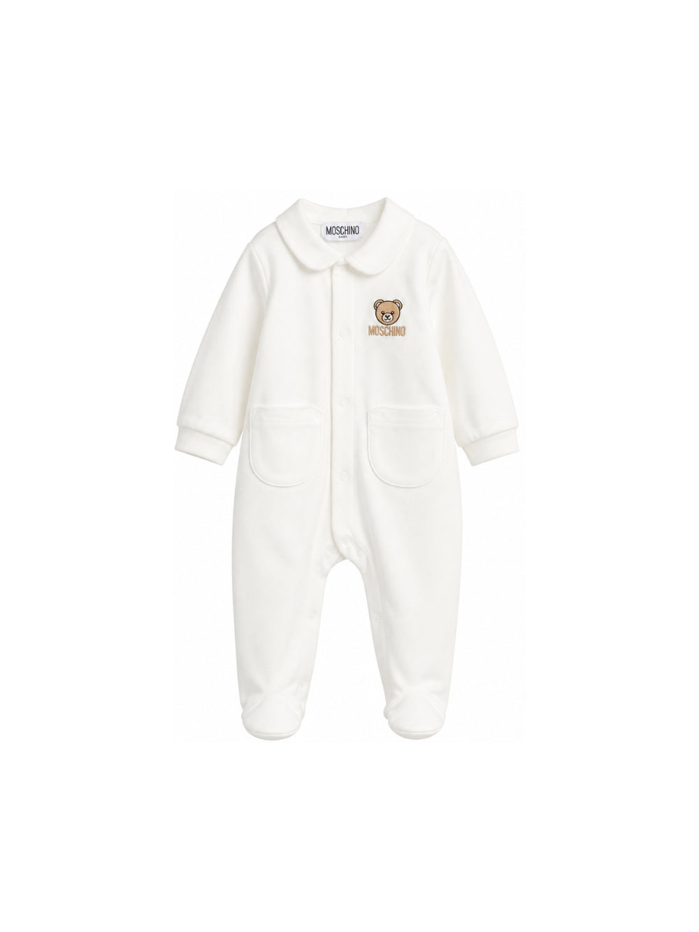 Tutina per neonati Moschino Kids bianca con motivo orsetto ricamato sul davanti MUY09DLCA40 10063 MOSCHINO KIDS