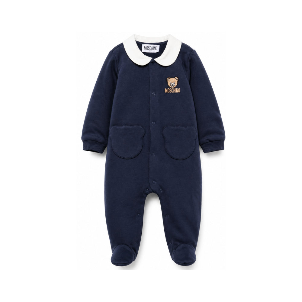Tutina per neonati Moschino Kids blu navy con motivo orsetto ricamato sul davanti MUY09DLCA40 40016 MOSCHINO KIDS