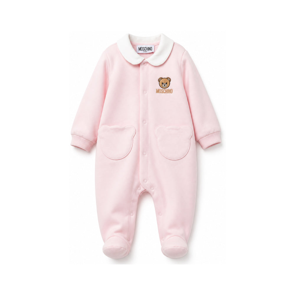 Tutina per neonata Moschino Kids rosa con motivo orsetto ricamato sul davanti MUY09DLCA40 50209 MOSCHINO KIDS