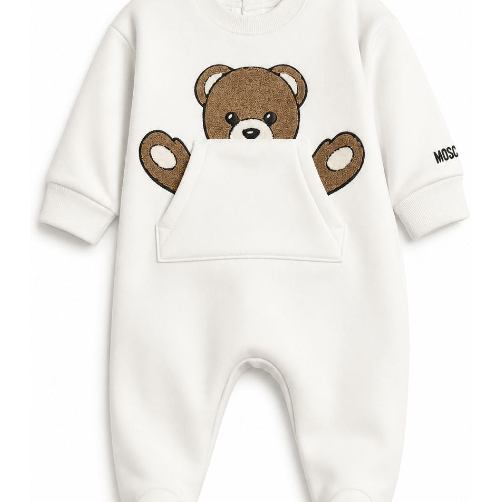 Tutina per neonati Moschino Kids bianca con toppa a forma di orsetto MUY09HLCA93 10063 MOSCHINO KIDS