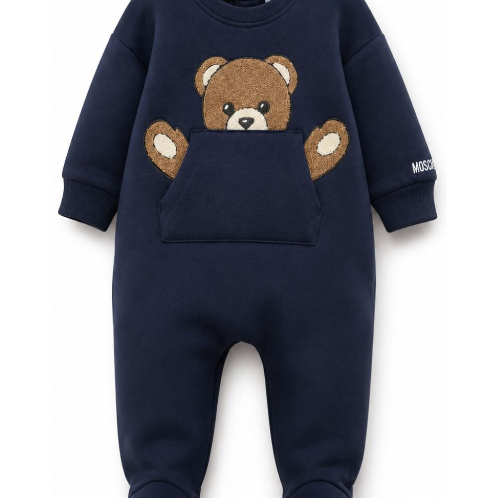 Tutina per neonato Moschino Kids blu con teddy bear ricamato sul davanti MUY09HLCA93 40016 MOSCHINO KIDS