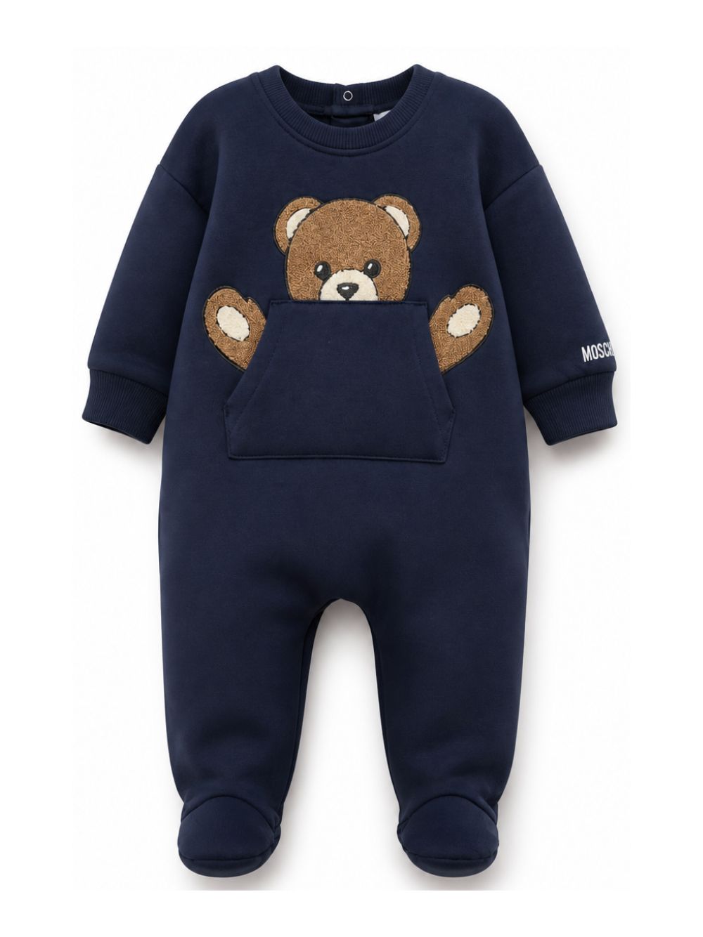 Tutina per neonato Moschino Kids blu con teddy bear ricamato sul davanti MUY09HLCA93 40016 MOSCHINO KIDS