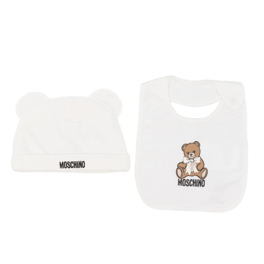 Set cappellino e bavetta per neonati Moschino Kids bianco con stampa Teddy Bear MUY09LLCA40 10063 MOSCHINO KIDS