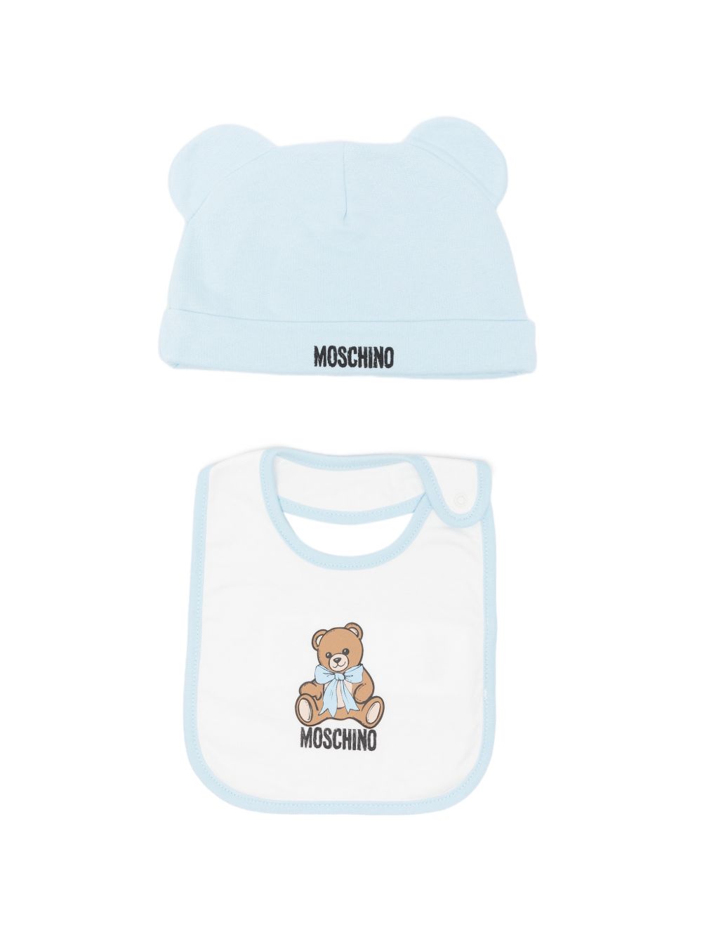 Set cappellino e bavetta per neonato Moschino Kids azzurro con stampa Teddy Bear MUY09LLCA40 40304 MOSCHINO KIDS