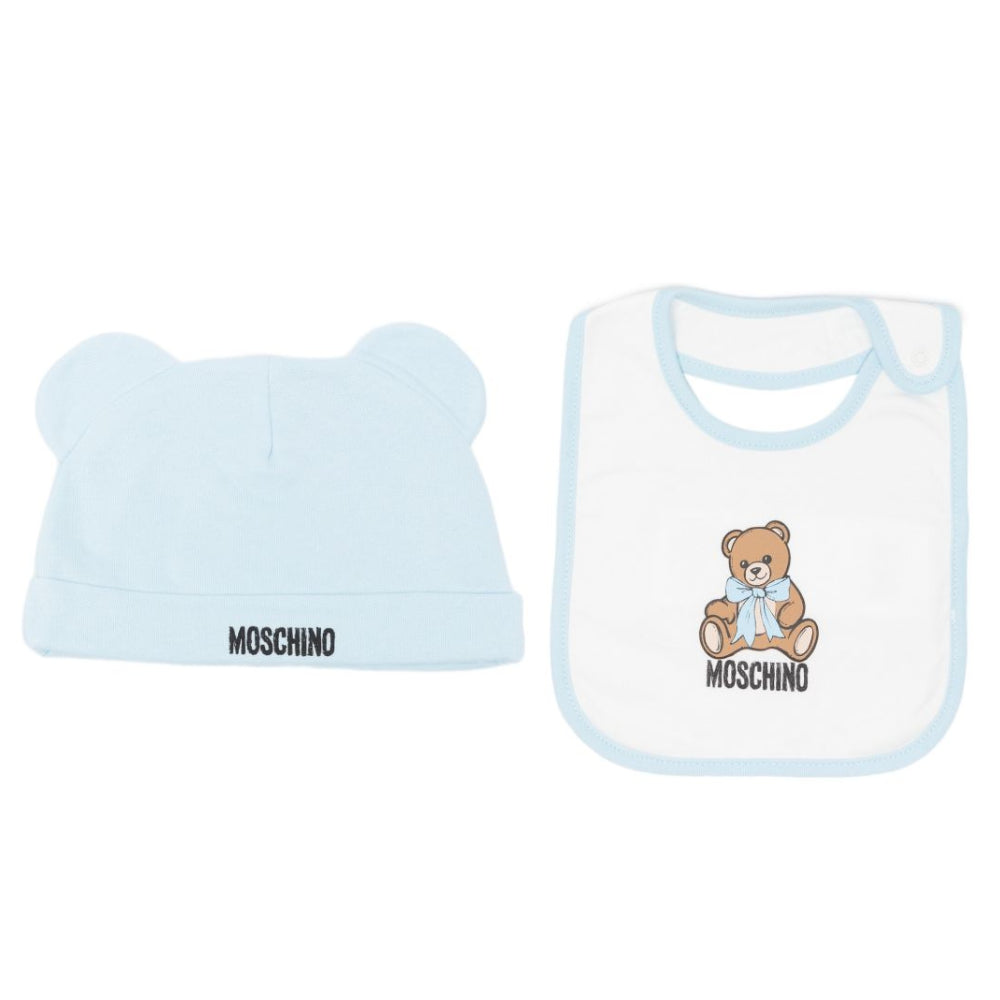 Set cappellino e bavetta per neonato Moschino Kids azzurro con stampa Teddy Bear MUY09LLCA40 40304 MOSCHINO KIDS