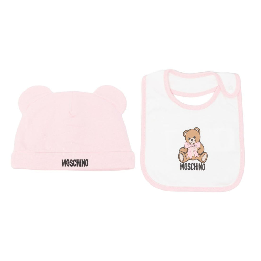 Set cappellino e bavetta per neonata Moschino Kids rosa con stampa Teddy Bear MUY09LLCA40 50209 MOSCHINO KIDS