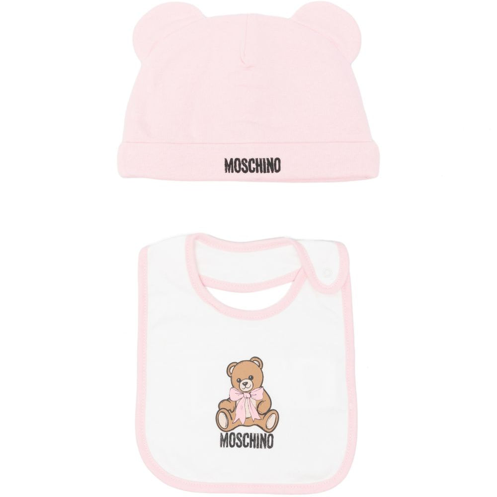 Set cappellino e bavetta per neonata Moschino Kids rosa con stampa Teddy Bear MUY09LLCA40 50209 MOSCHINO KIDS