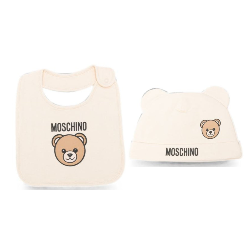 Set berretto e bavaglino per neonati Moschino Kids beige con motivo Teddy Bear MUY09NLCA40 20404 MOSCHINO KIDS