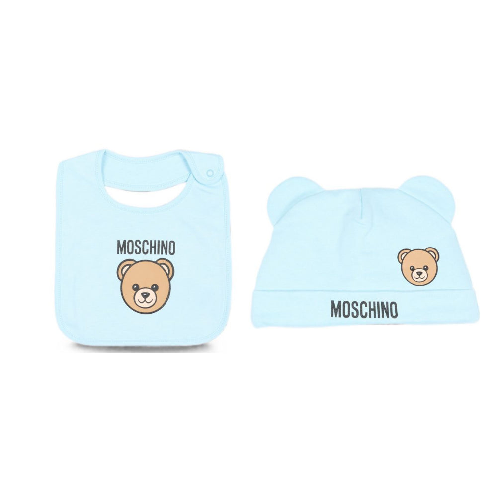 Set berretto e bavaglino per neonato Moschino Kids azzurro con motivo Teddy Bear MUY09NLCA40 40304 MOSCHINO KIDS