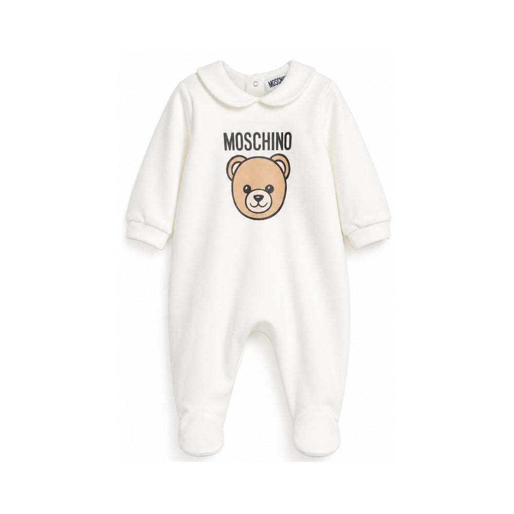 Tutina per neonati Moschino Kids bianca con motivo Teddy Bear MUY09OLCA40 10063 MOSCHINO KIDS