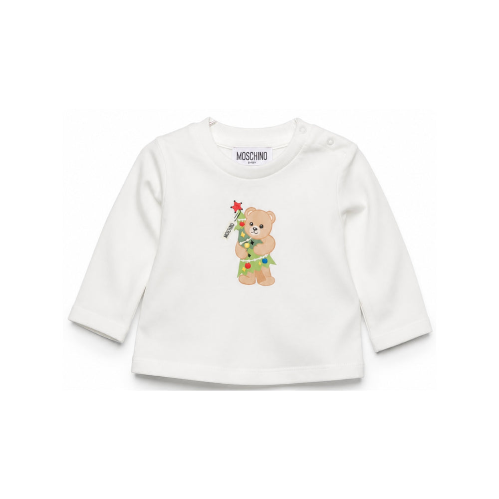 T-shirt per neonato Moschino Kids bianca con stampa orsacchiotto a maniche lunghe MVO014LAA10 10063 MOSCHINO KIDS