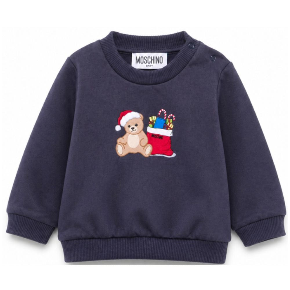 Felpa per neonato Moschino Kids blu con stampa Teddy Bear con regali di Natale MZF060LCA61 40016 MOSCHINO KIDS
