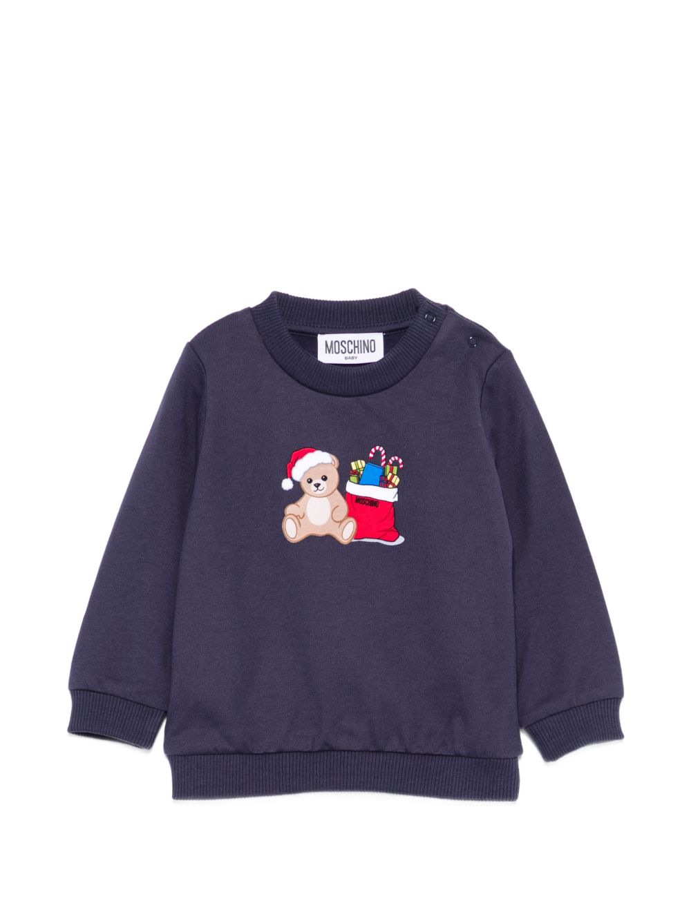 Felpa per neonato Moschino Kids blu con stampa Teddy Bear con regali di Natale MZF060LCA61 40016 MOSCHINO KIDS