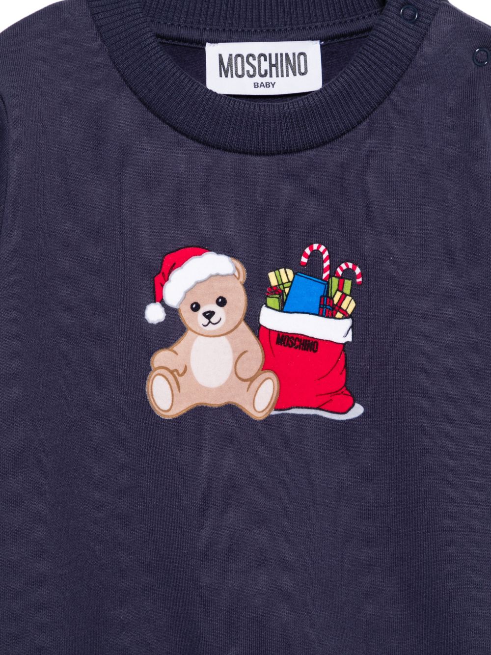 Felpa per neonato Moschino Kids blu con stampa Teddy Bear con regali di Natale MZF060LCA61 40016 MOSCHINO KIDS