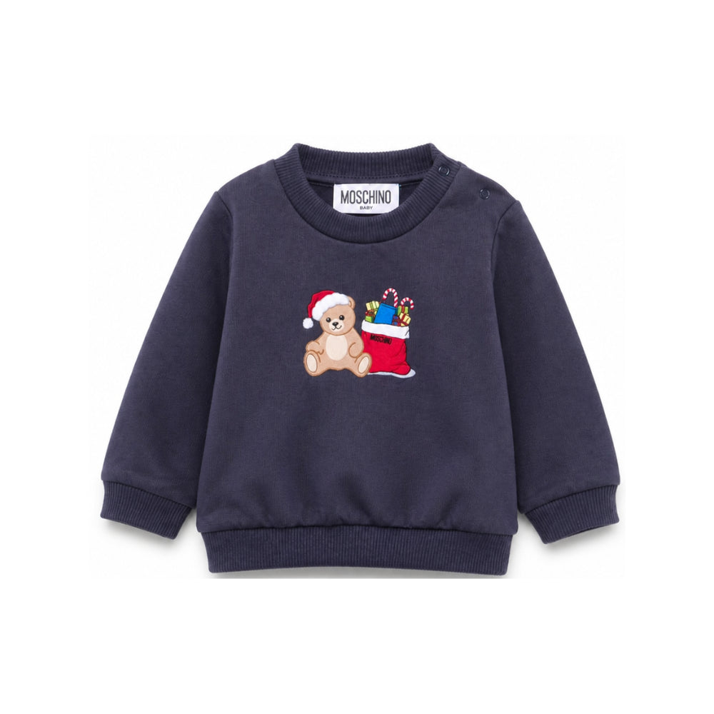Felpa per neonato Moschino Kids blu con stampa Teddy Bear con regali di Natale MZF060LCA61 40016 MOSCHINO KIDS
