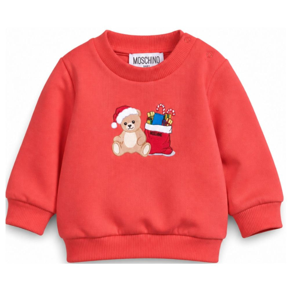 Felpa per neonato Moschino Kids rossa con stampa Teddy Bear con regali di Natale MZF060LCA61 50109 MOSCHINO KIDS