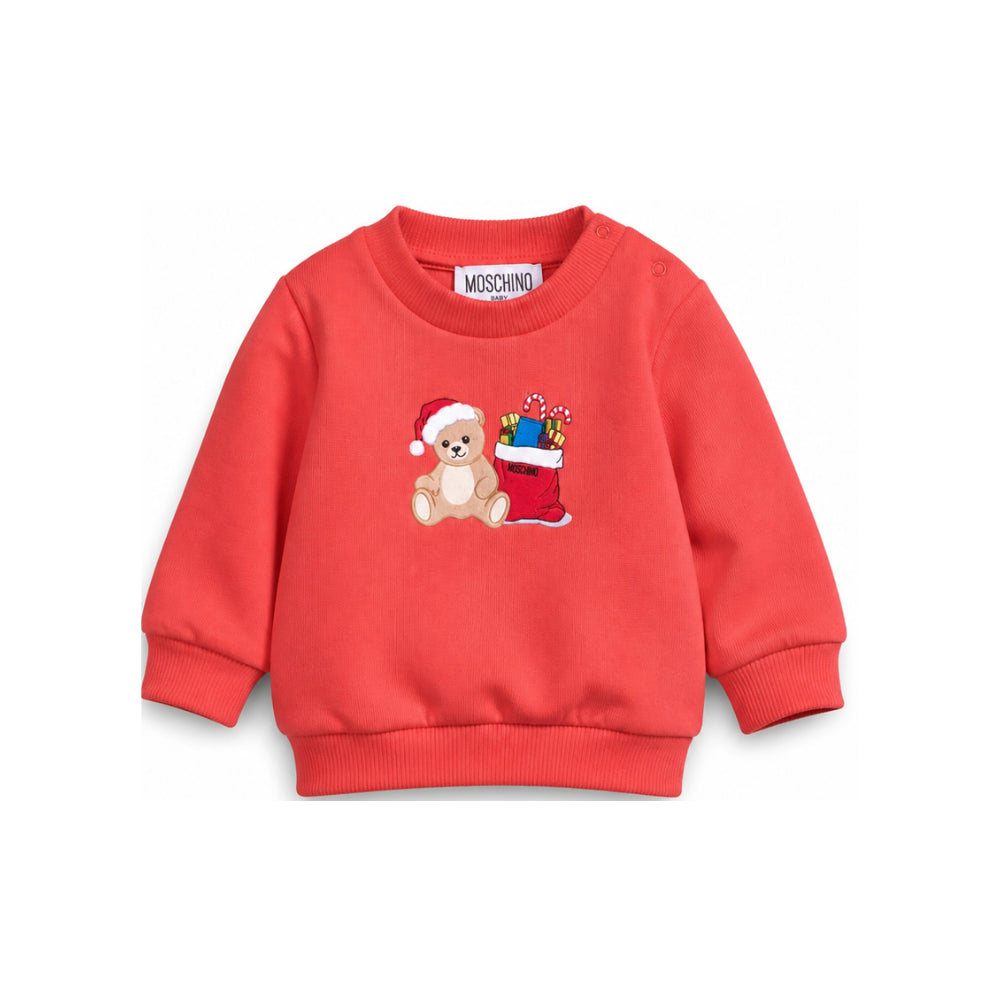 Felpa per neonato Moschino Kids rossa con stampa Teddy Bear con regali di Natale MZF060LCA61 50109 MOSCHINO KIDS