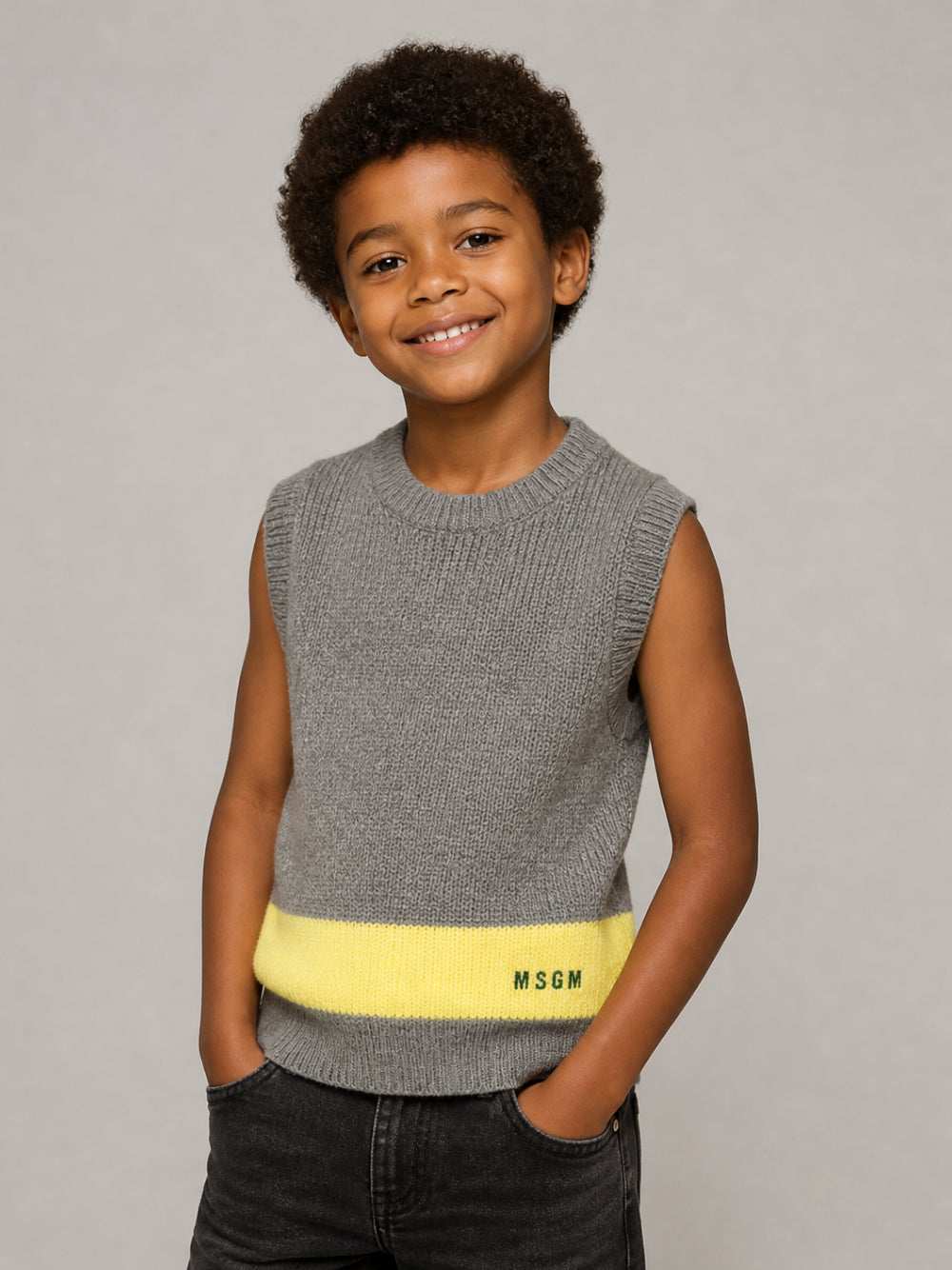 Gilet per bambino Msgm Kids grigio senza maniche con rifiniture a coste F6MSJBJP230 104 MSGM KIDS
