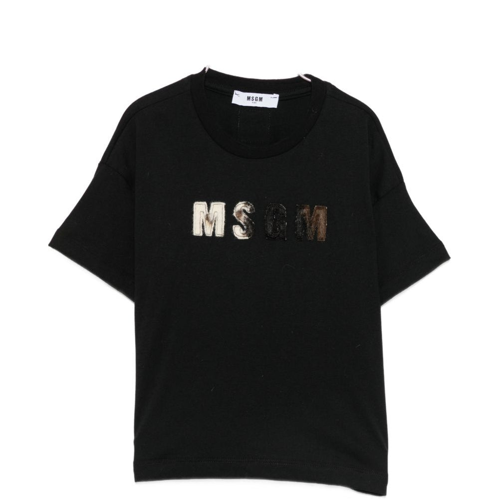 T-shirt per bambina MSGM Kids nera con patch logo sul davanti F6MSJGTH067 110 MSGM KIDS