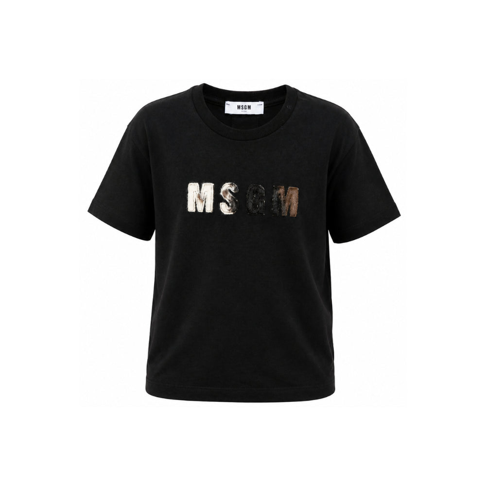 T-shirt per bambina MSGM Kids nera con patch logo sul davanti F6MSJGTH067 110 MSGM KIDS