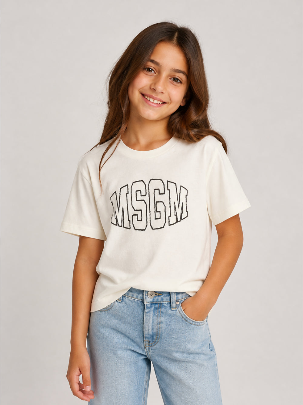 T-shirt per bambini MSGM Kids bianco avorio con logo sul davanti F6MSJUTH038 013 MSGM KIDS