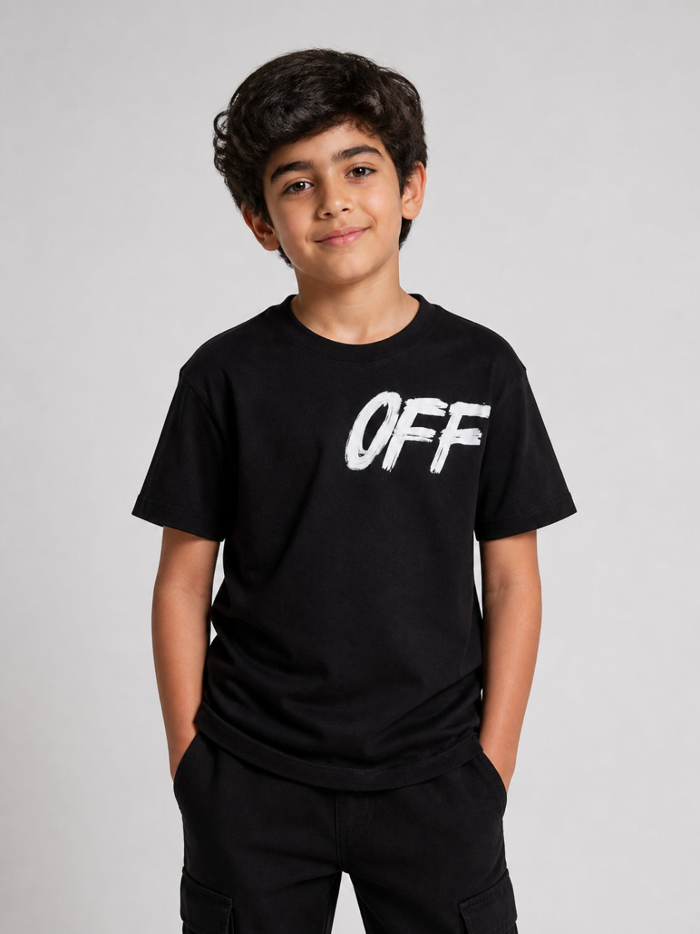 T-shirt per bambino Off-White Kids nera con logo sul petto 44BAA002F26J002 BLACK OFF WHITE KIDS