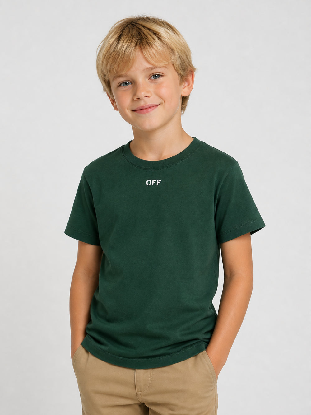 T-shirt per bambino Off White Kids verde con stampa grafica sul retro 44BAA002F26J00G PINE OFF WHITE KIDS
