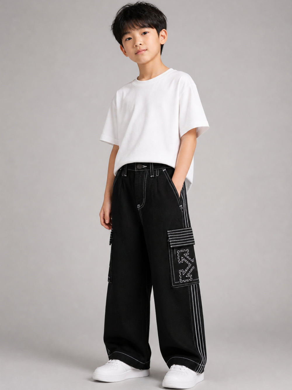 Pantaloni cargo per bambino Off-White Kids nero con cuciture a contrasto 44BCF00BF26F001 BLACK OFF WHITE KIDS