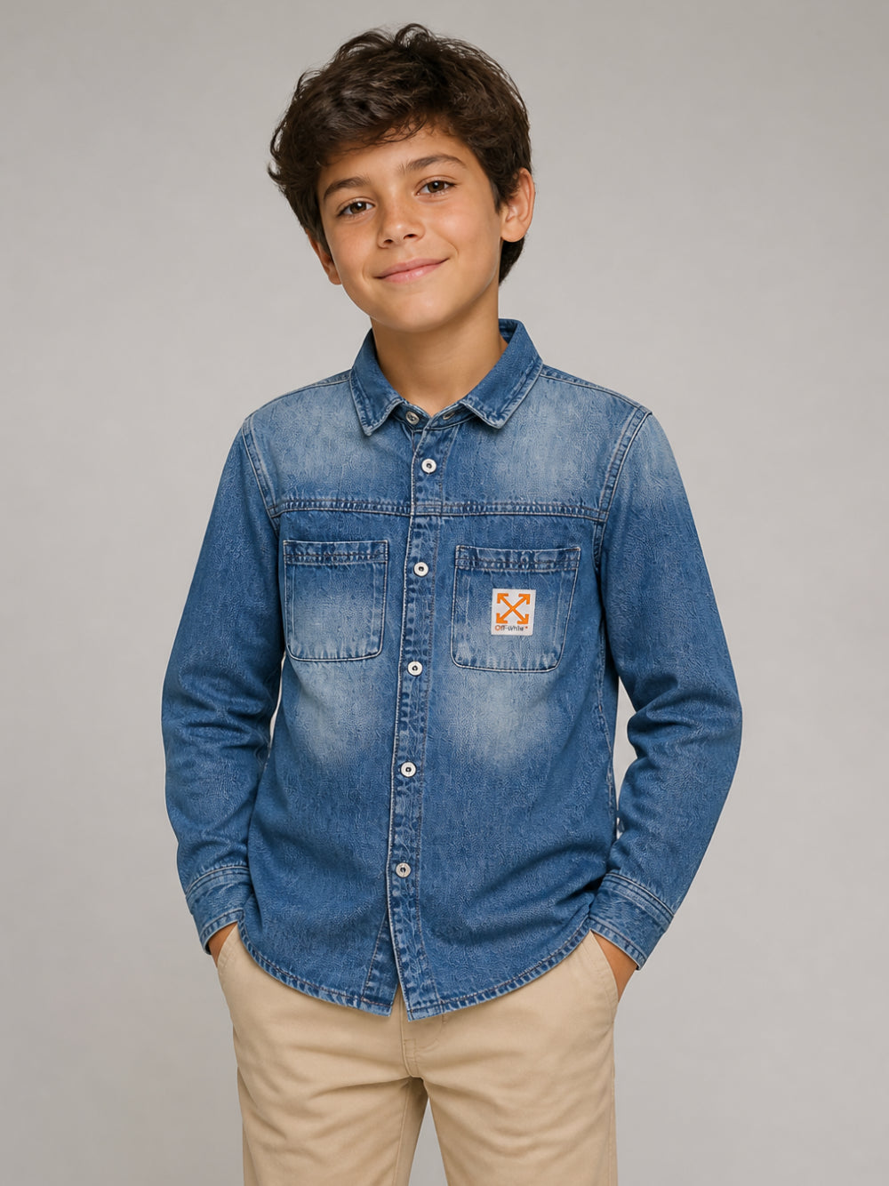 Camicia per bambino Off White Kids in denim con tasche sul davanti 44BYD004F26D001 SAND BLUE OFF WHITE KIDS