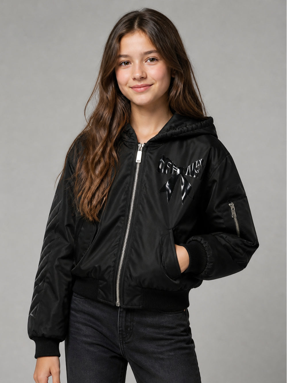 Giubbino per bambina Off- White Kids nero con stampa grafica sul davanti 44GEH005F26F001 BLACK OFF WHITE KIDS