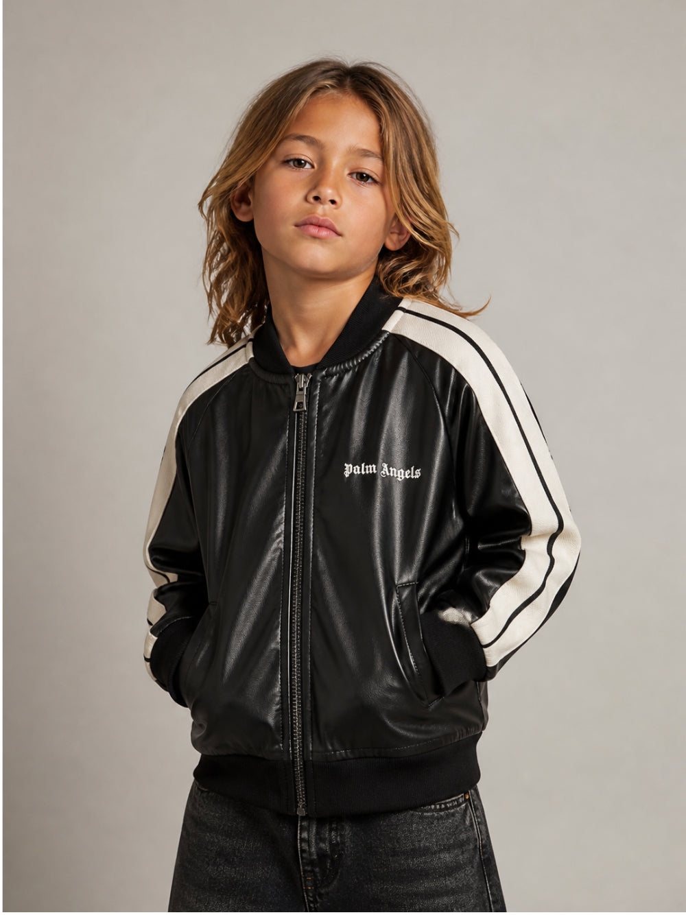 Giacca per bambino Palm Angels Kids nera con dettaglio laterale a righe F6PAJBJK163 110 PALM ANGELS KIDS