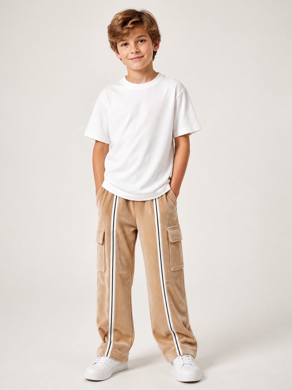 Pantaloni per bambino Palm Angels Kids beige con stampa logo sul lato F6PAJBPA129 178 PALM ANGELS KIDS