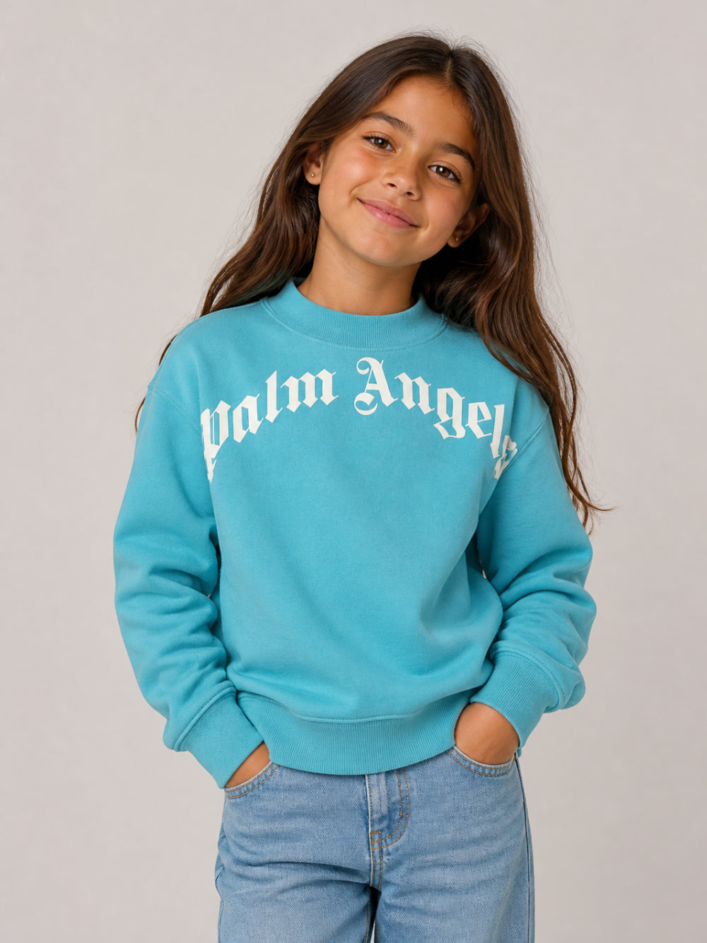 Felpa per bambino Palm Angels Kids azzurro con stampa logo sul davanti F6PAJBSW014 1527 PALM ANGELS KIDS