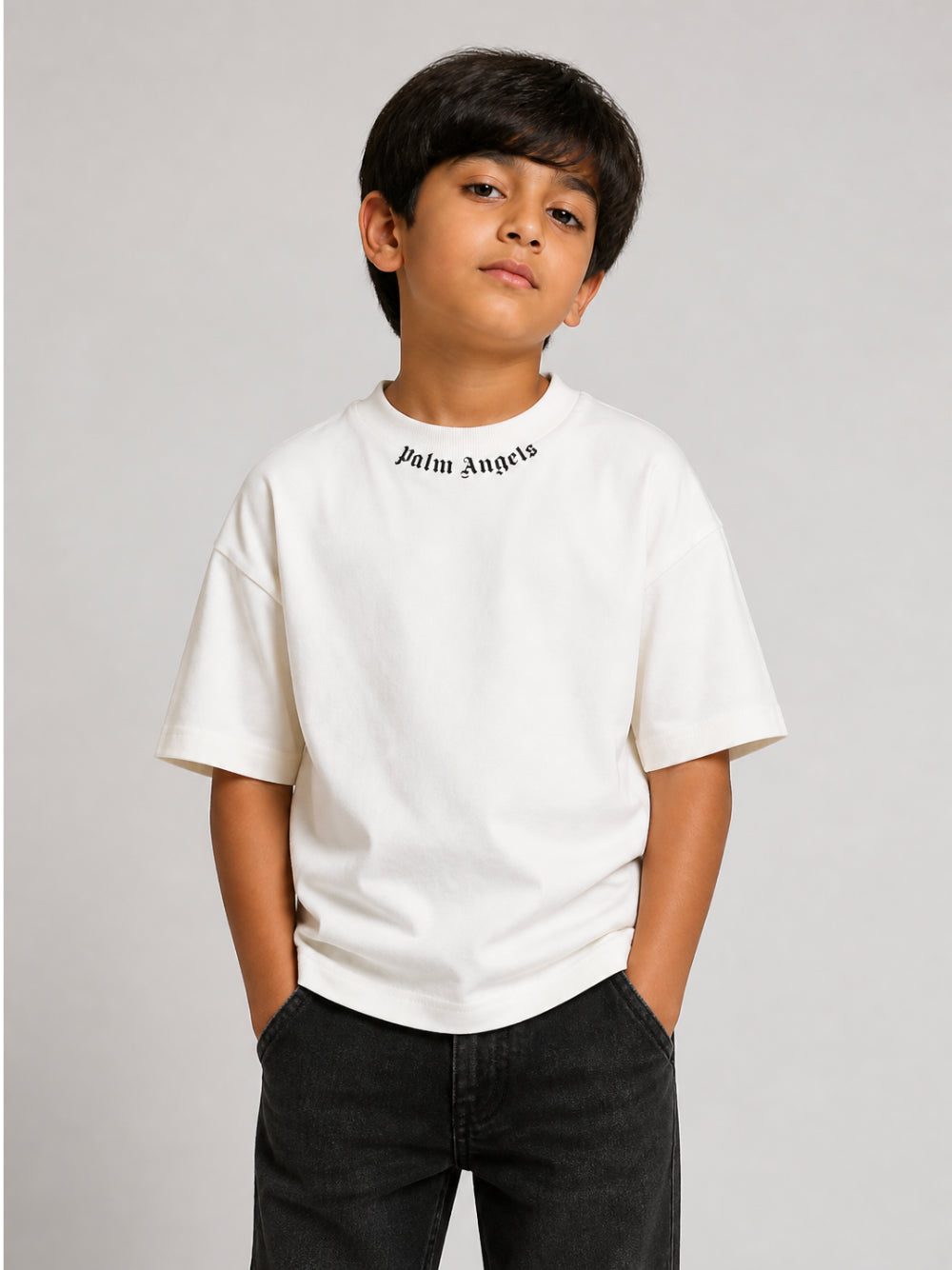 T-shirt per bambino Palm Angels Kids bianca con logo sul davanti F6PAJBTH012 412 PALM ANGELS KIDS