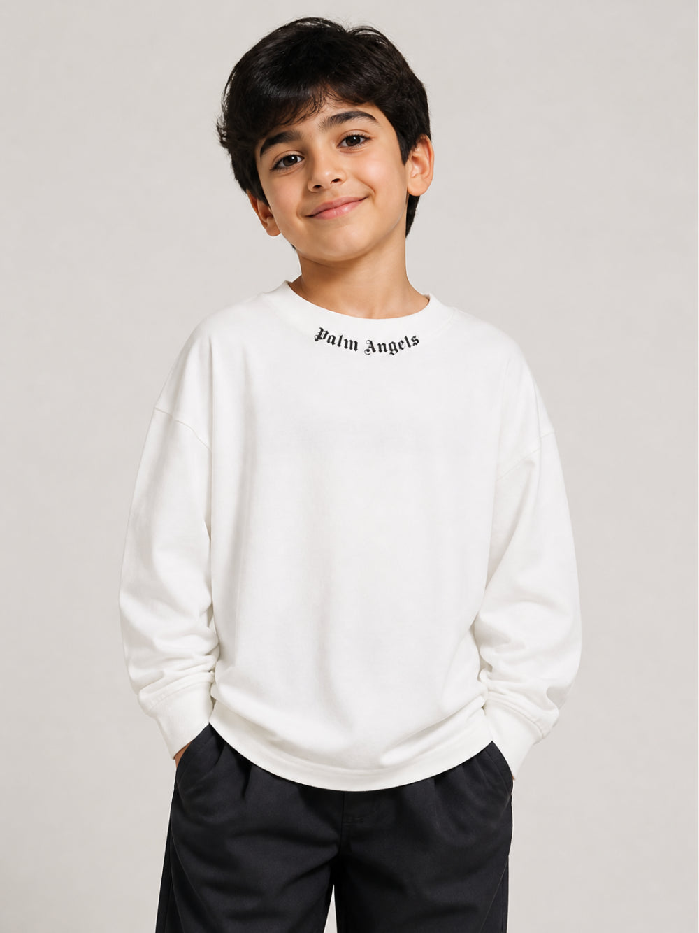 T-shirt per bambino Palm Angels Kids bianca con stampa logo sul girocollo F6PAJBTH013 412 PALM ANGELS KIDS