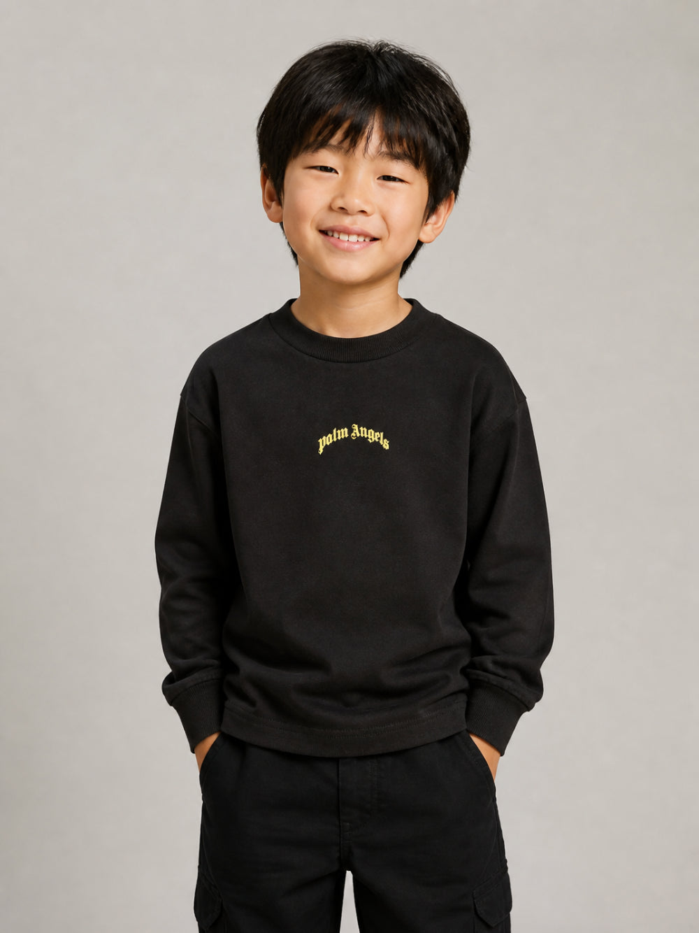 Felpa per bambino Palm Angels Kids nera con stampa logo sul davanti F6PAJBTH141 110 PALM ANGELS KIDS