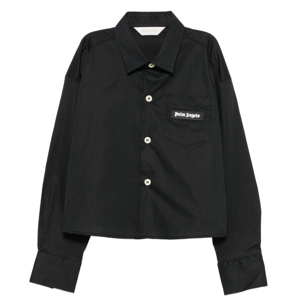 Camicia corta per bambina Palm Angels Kids nera con patch logo F6PAJGSI168 110 PALM ANGELS KIDS