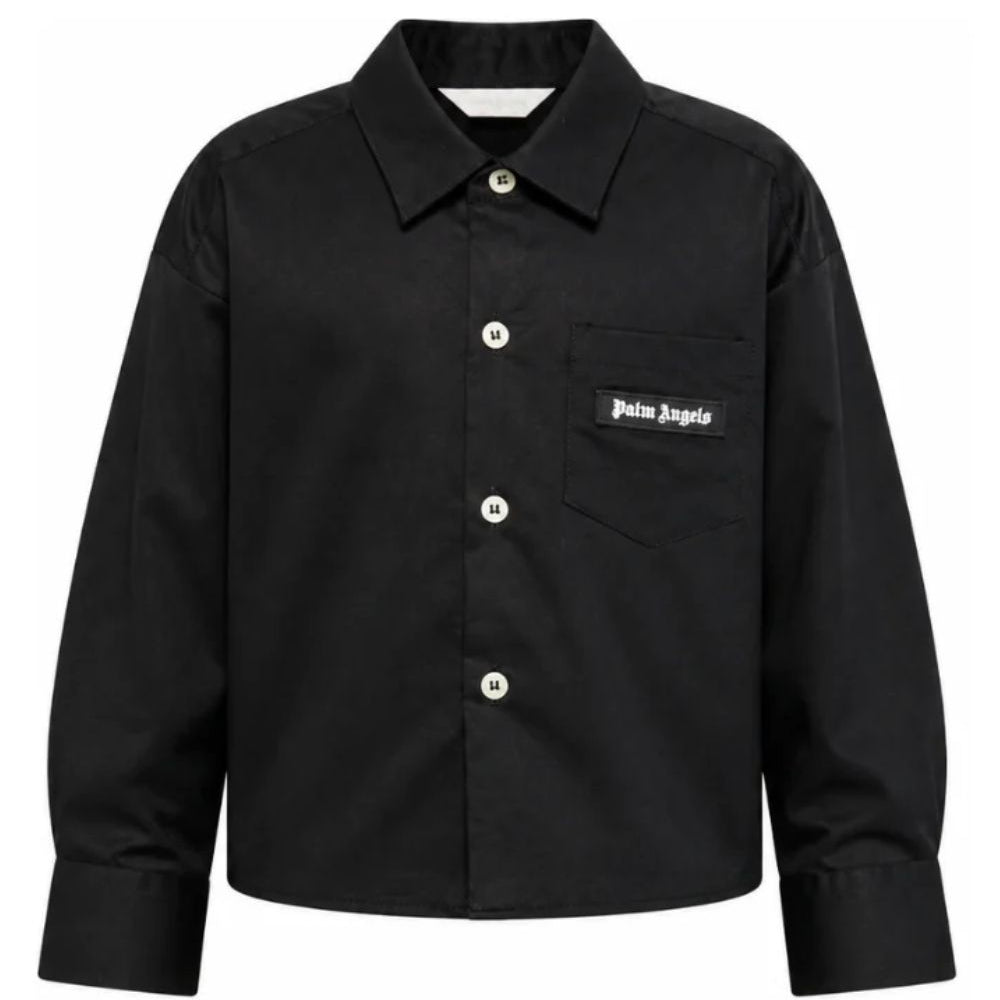 Camicia corta per bambina Palm Angels Kids nera con patch logo F6PAJGSI168 110 PALM ANGELS KIDS